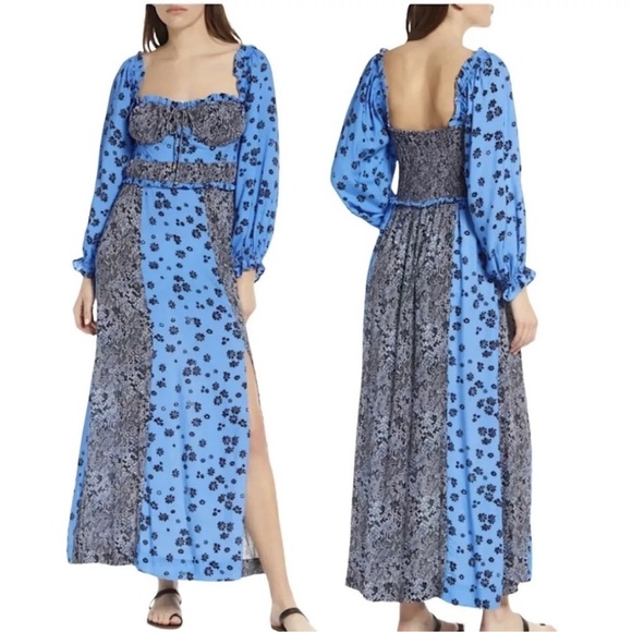 NWT Free People Tigerlily Long Sleeve Maxi Dress Blue Boho Vacay Relax - Picture 1 of 10